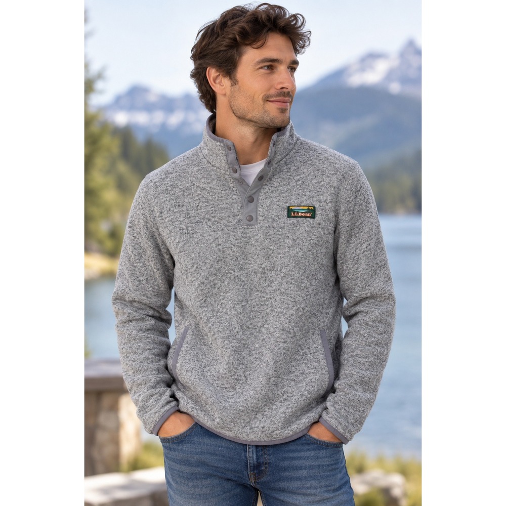 LL Bean Sweater Fleece Pullover Mens L Gorpcore Heather Gray Snap Neck Pocket